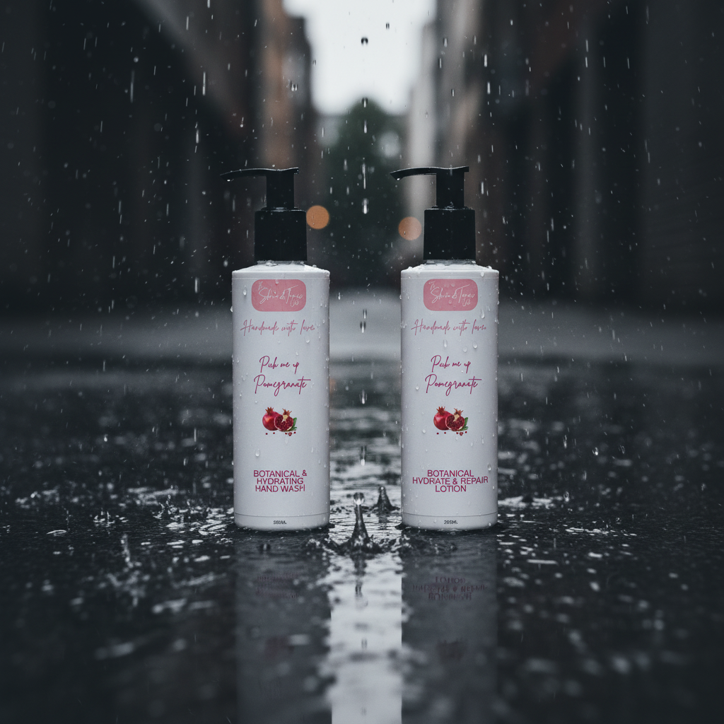 Two bottles of 'Pick me up Pomegranate' hand wash and lotion on a white background